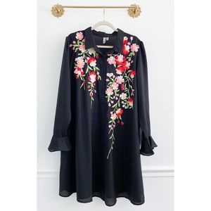 ASOS Black Floral Embroidered Button Front Long Sleeve Shift Dress